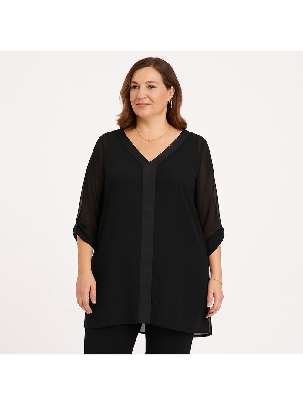 Michel Studio Sheer Black Tunic Blouse Size 14 Roll Tab Sleeves V-Neck Side Slit